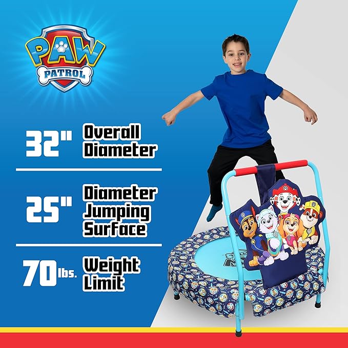 PAW Patrol Indoor Mini Trampoline with Handle for Toddlers, Features Everest, Chase, Marshall, Skye and Rubble, Multi
