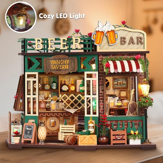 TuKIIE DIY Miniature House Kit with Furniture, 1:24 Scale Creative Room Mini Wooden Dollhouse Book Nook for Kids Teens Adults(Beer Bar)