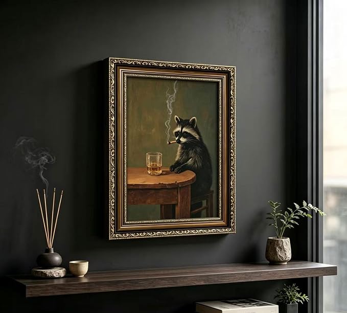 Vintage Gold Framed Smoking Raccoon Wall Art, Moody Dark Funny Animal Whiskey Cigar Canvas Print, Humor Funny Raccoon Wall Decor, Retro Bar Cart Poster Artwork, for Study Office Bar Decor, 12x16in