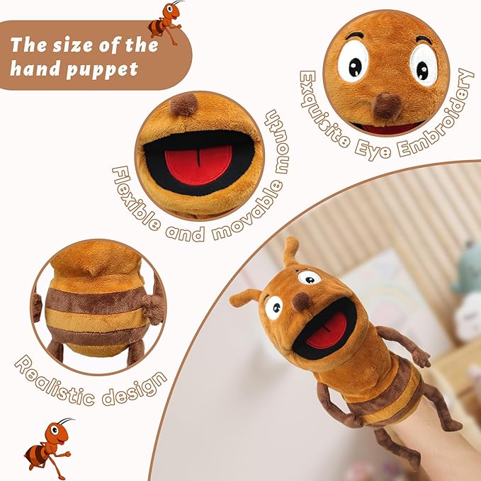 Hand Puppet Realistic Plush Puppet 13",Insect Animal Puppets for Kids Insect Stuffed Animal Hand Puppet with Moveable Mouth,Soft Stuffed Ants Puppet Story Toy Puppets Role Play Show Game