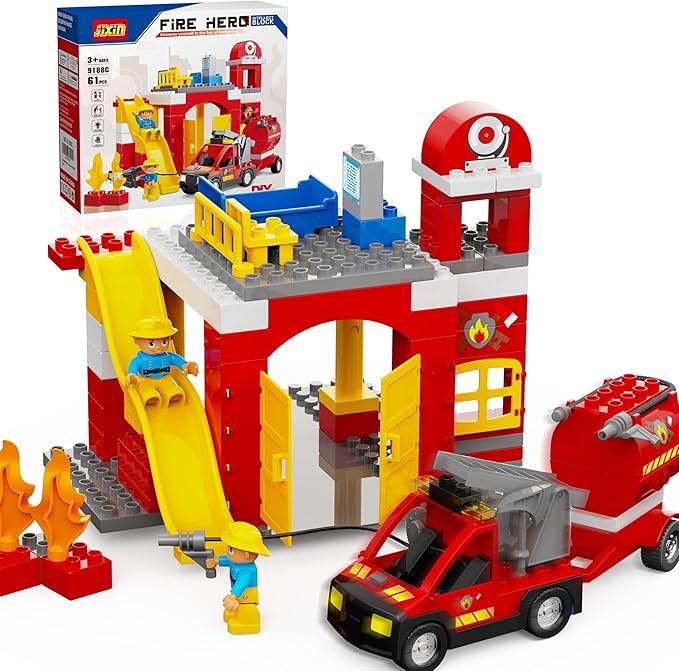 Fire Station Playset, Fire Trucks for Toddlers 3-5, Classic Big Building Blocks Compatible with Lego Fire Station and DUPLOs for Age 3-5, Firefighter Gifts, Firetruck Toys 3-5 Years Old