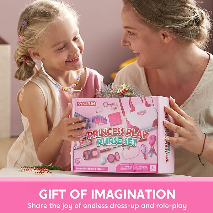 SYNCFUN Play Purse Set for Little Girls, 27 PCS Princess Toy Set with Handbags, Makeup, Phone, Wallet, Jewelry, Lipstick & Keys, for Girls 3 4 5 6 Years Old Toddlers Kids
