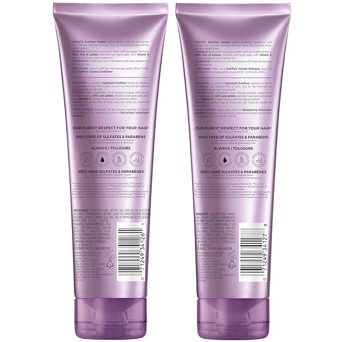L'Oreal Paris Volume Sulfate Free Shampoo and Conditioner for Color-Treated Hair, EverPure, 8.5 Fl Oz (Set of 2)