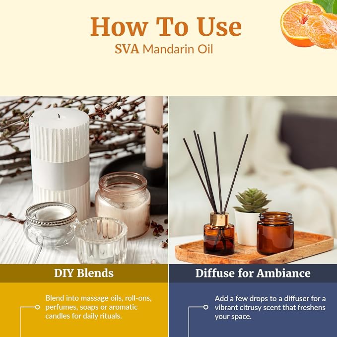 SVA Mandarin Essential Oil 4 Fl Oz – for Diffuser, Skin & Hair Care – Ideal for Massage & DIY Blends - with Dropper