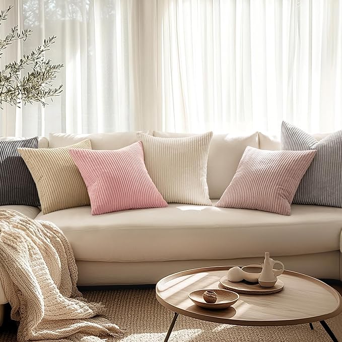 MIULEE Decorative Corduroy Throw Pillow Covers Set of 2 18x18 Pink | Soft Striped Textured Cushion Cases, Boho Square Lovely Cute Pillowcases, Home Decor for Couch Chair Sofa Bed Living Room