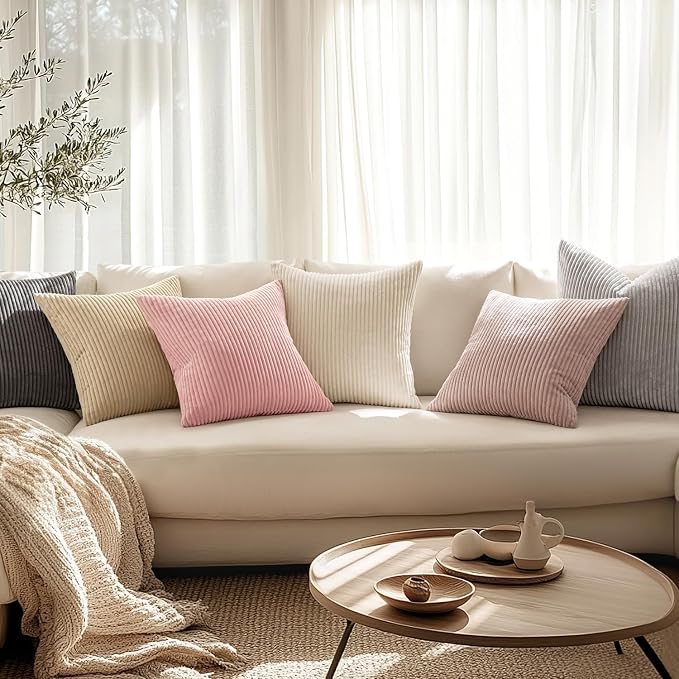 MIULEE Decorative Corduroy Throw Pillow Covers Set of 2 12x12 Pink | Soft Striped Textured Cushion Cases, Boho Square Lovely Cute Pillowcases, Home Decor for Couch Chair Sofa Bed Living Room