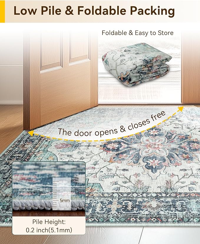 RELEANY Area Rugs Small 2'x4' Washable Non-Slip, Floral Vintage Distress Medallion Carpet for Kitchen Entryway Bathroom, Green Navy Blue White Red Teal