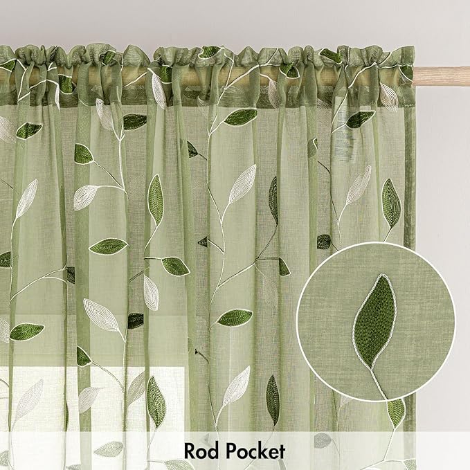 MIULEE Sage Green Sheer Curtains 2 Panels Embroidered Leaf Patterned Rod Pocket Floral Semi Sheer Faux Linen Window Curtains Drapes Set for Living Room Bedroom Dining Room, 52x63 Inches Length