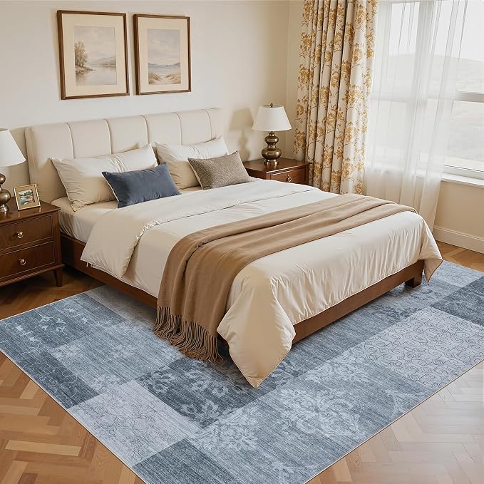 UERMEI 10x12 Area Rug for Living Room - Washable Vintage Carpet, Non-Slip Soft Large Indoor Floor Rugs for Bedroom Home Office & Under Dining Table Decor, Blue Block