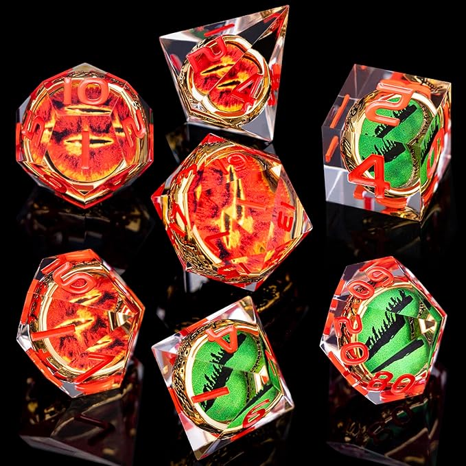 Magic Golden Ring DND Dice Set Sharp Edge Red Gaze Eye Resin Dice with Box, for use with RPG D&D Tabletop Games Lord D and D Polyhedral Dice Set