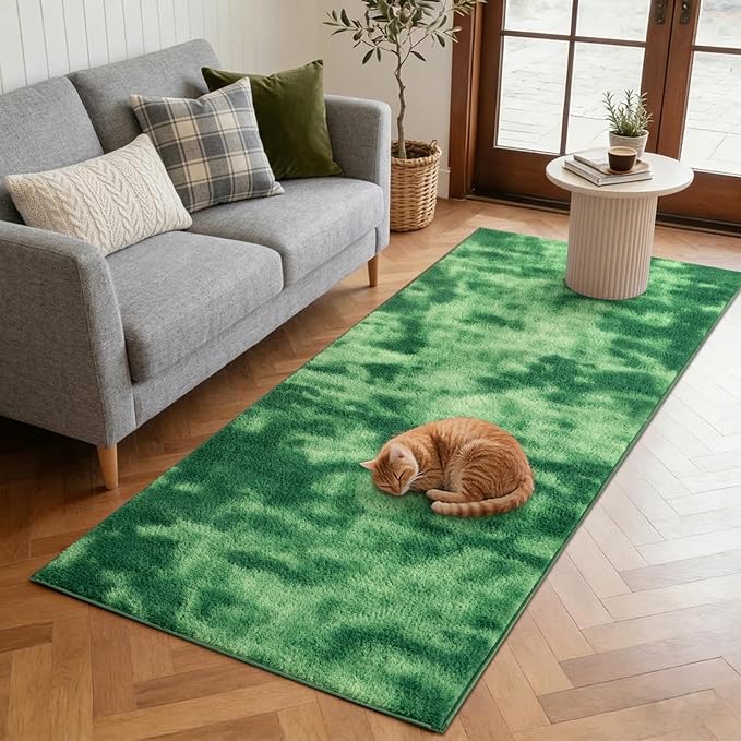 FinRèc 2x8 Washable Runner Rugs for Kitchen Hallway Bedroom, Low Pile Thin Ultra Soft Shag Rug, Non-Slip Carpet Indoor for Home Decor (Tie-dye Green)