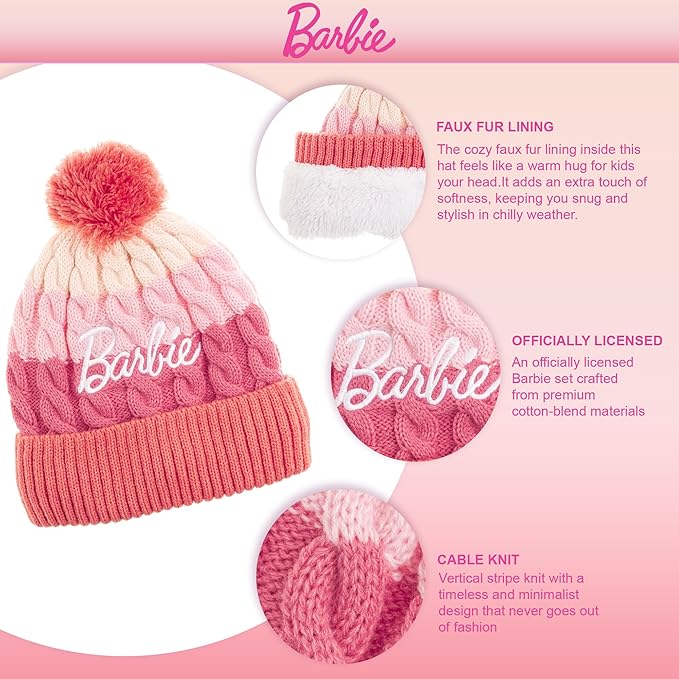 Barbie Girls Winter Hat with Gloves for Ages 5-13 Years – Ultra Soft Pink Beanie Winter Hat for Outdoors