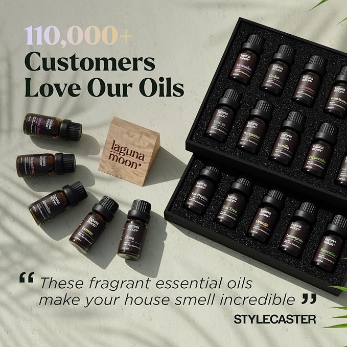 Lagunamoon Essential Oils Set, Top 20 Gift Set Oils for Diffusers, Humidifiers, Aromatherapy, Candle Making Scents, Cars & Home Products, Peppermint, Tea Tree, Lavender, Eucalyptus, Lemongrass (10mL)
