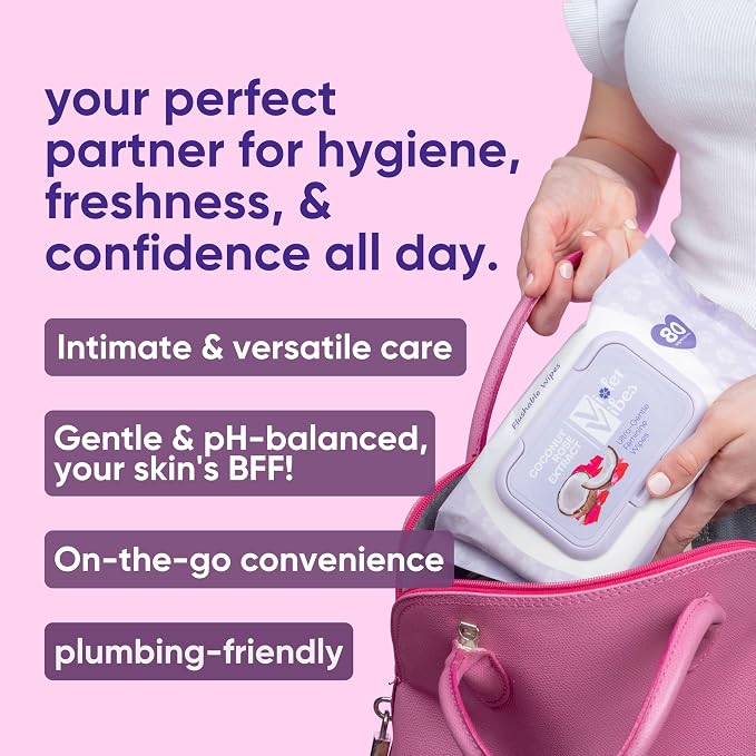 Violet Vibes Toilet-Friendly Coconut Rose Wet Wipes for Women | Butt & Vaginal Freshness | Soft, Clean, Refreshing Hygiene | Dermatologist Approved Flushable Feminine Wipe for Sensitive Skin 160 ct