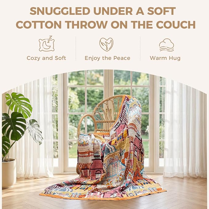 LUTBM Boho Throw Blanket for Bed 60"x80", All Season Cotton Couch Blankets | Reversible Classical Architecture Jacquard, All-Season Twin Lightweight Quilt, For Chair Sofa Bedroom Living Room Decor