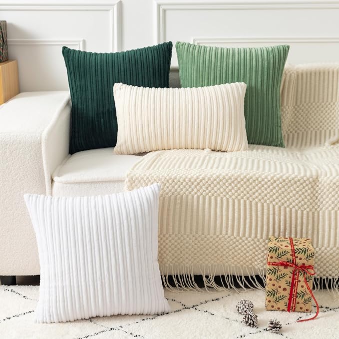 UGASA Velvet 20x20 Inch Soft Throw Pillow Cover Decorative Striped Corduroy Both Sides Solid Square Cushion Case Boho Farmhouse for Couch Bedroom Sofa Home, 1 Piece, New-Dark Green