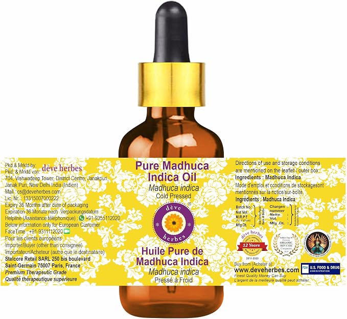 Deve Herbes Pure Madhuca Indica Oil (Madhuca Indica) with Glass Dropper Cold Pressed 15ml (0.50 oz)