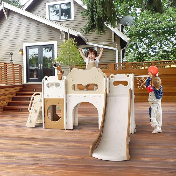 Toddler Slide Indoor, 8 in 1 Indoor Playground for Kids 1-3 Toddler Playset with Climber, Basketball Hoop, Tunnel and Storage Space Kids Outdoor Slide Playset (Coffee)