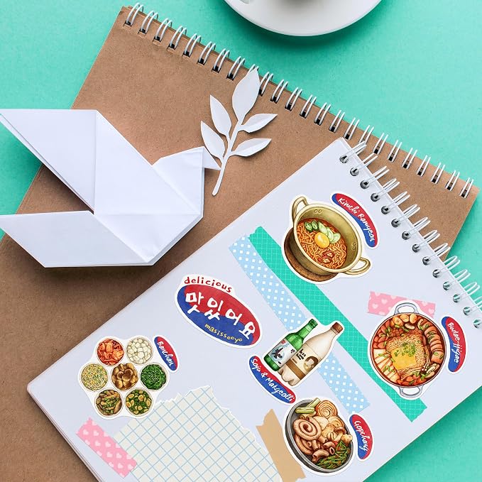 Navy Peony Authentic Korean Food Stickers (28 pcs) - Hand-Illustrated, Seoul, Culinary Stickers for Scrapbooking, Cookbooks, Journals and Laptops