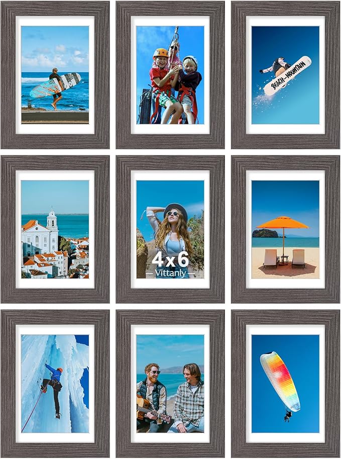Vittanly 4x6 Picture Frames Set of 9 for Wall & Tabletop Display, Dark Grey | Display Pictures 3.5x5 with Mat or 4x6 without Mat, Small Photo Frames, Engineered Wood with Shatter Resistant Plexiglass