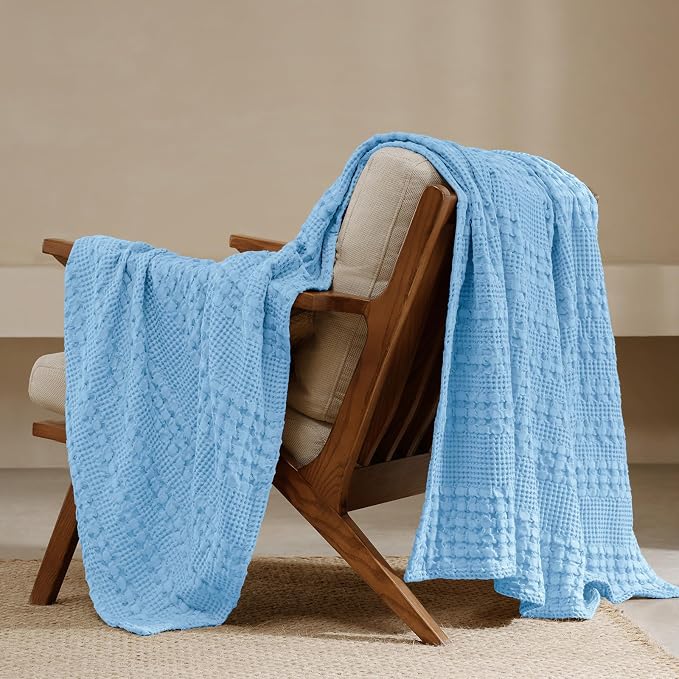 PHF 100% Cotton Waffle Weave Throw Blanket, Lightweight Breathable Summer Blanket for Couch Sofa, Pre-Washed Soft Throws for Bed, Office, Travel & Stylish Home Decor, 50"x60", Airy Blue