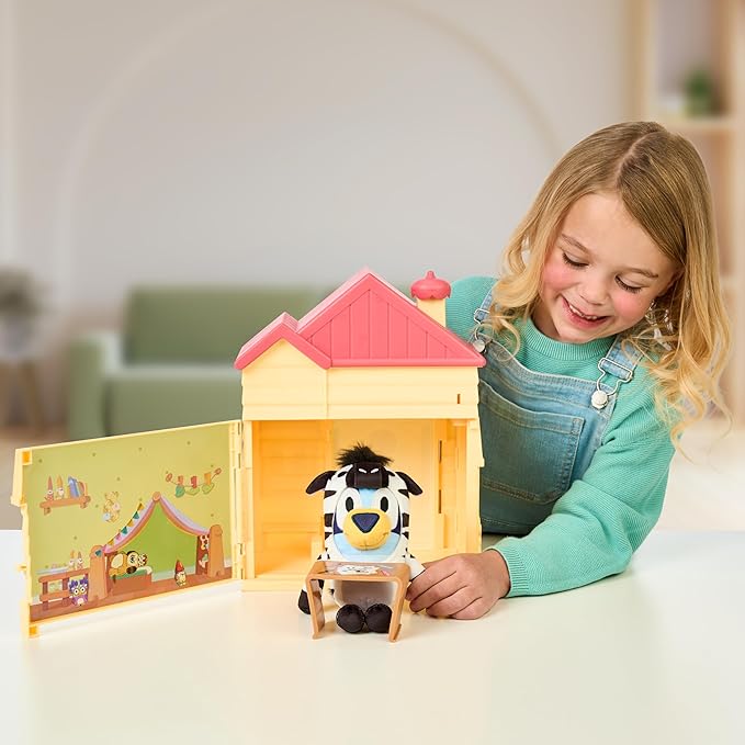 Bluey Play Date Plush Surprise, Decorate House with Stickers, Attach The Play Time Sign, Then Open The Door for a Surprise Plush to Appear, Plush Style May Vary
