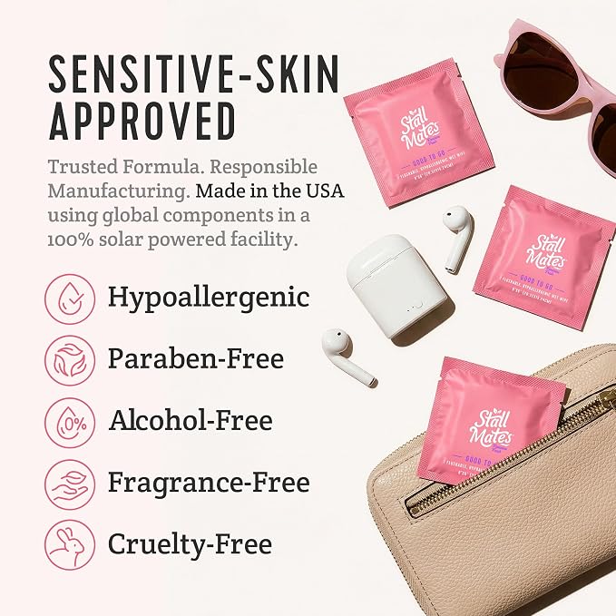 Stall Mates Feminine Fresh - Flushable Wipes, Individually Wrapped Cleansing Travel Friendly PH balanced Unscented with Sunflower, Rosemary and Aloe (30 on-the-go singles)