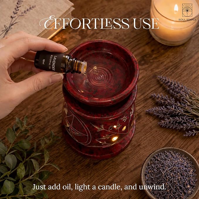 SOUL STICKS Stone Soapstone Aroma Lamp Stylish Beautiful Elegant Decorative Handcrafted Aroma Wax Burner Oil Diffuser for Aromatherapy, Meditation and Home Fragrance with Tealight Holder, 3 (Red)