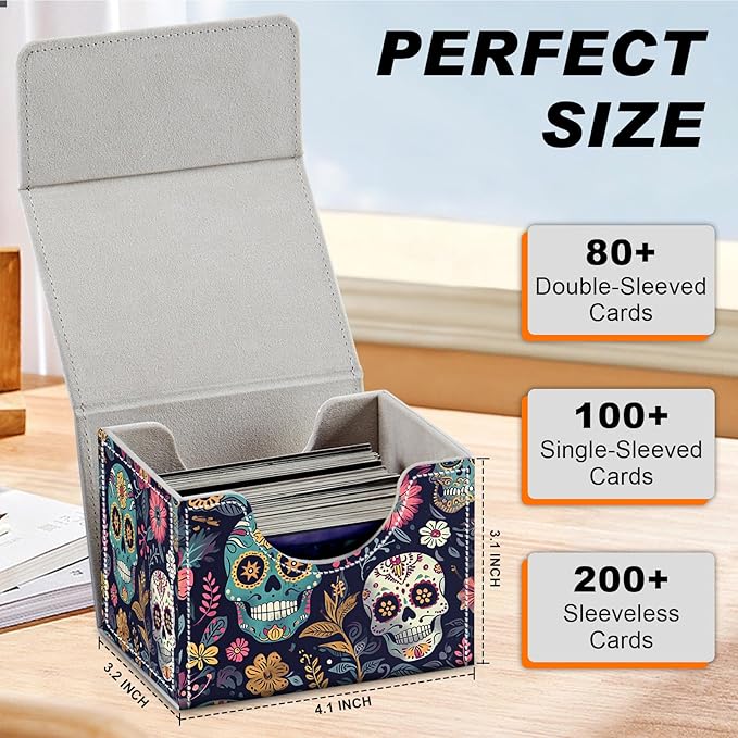DEGDFSGR for TCG MTG Card Game Storage Box Organizer Trading Card Case Commander Deck Box Magnetic Closure Creative Pattern Up to 200 Cards, Sugar Skull Pattern