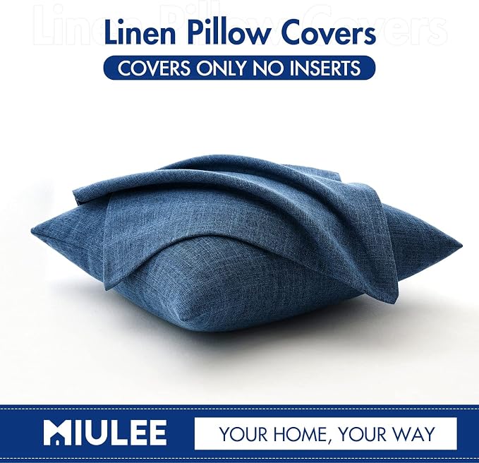 MIULEE 26x26 Inch Euro Linen Burlap Pillow Covers, Set of 2 Large Square Farmhouse Boho Decorative Pillows - Blue Home Decor for King Bed, Sofa, Couch, Bedroom,Livingroom