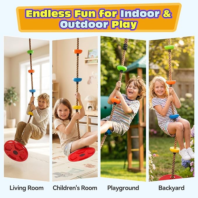 HeyZoo Tree Swing for Kids 330LB Capacity, Climbing Rope with Platforms and Disc Swing Seat Set Outdoor Backyard Playground Accessories with Carabiners and Thickened Strap, Red