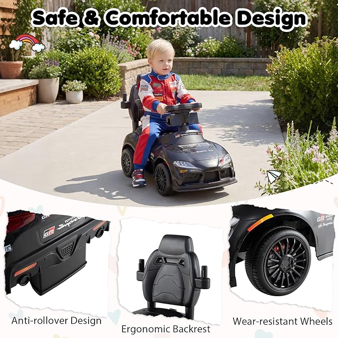 Costzon Push Car for Toddlers, 3 in 1 Toyota Licensed Stroller Sliding Walking Car w/Handle, Music, Safety Guardrail, Under-Seat Storage, Foot-to-Floor Kids Ride On Toys for Boys Girls (Black)