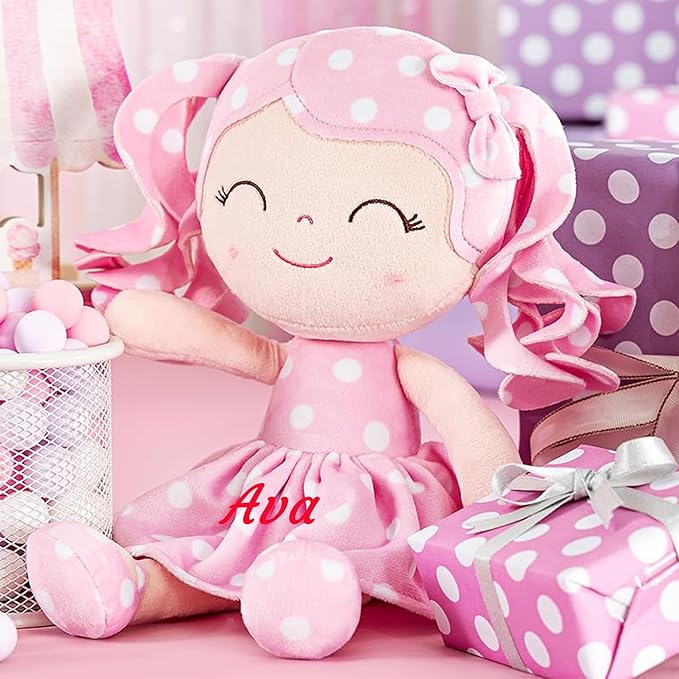Gloveleya Personalized Baby Doll – Custom Name Plush Rag Doll, Pink Polka Dot Dress, Curly Hair, for Girls Birthday, Holidays & Keepsake, 12 Inches