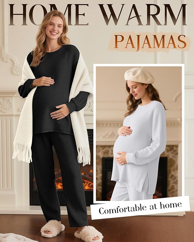 3 Pack Women's Maternity Shirts Long Sleeve Waffle Knit Side Split Oversized Tops Pregnancy Clothes Fall Tees