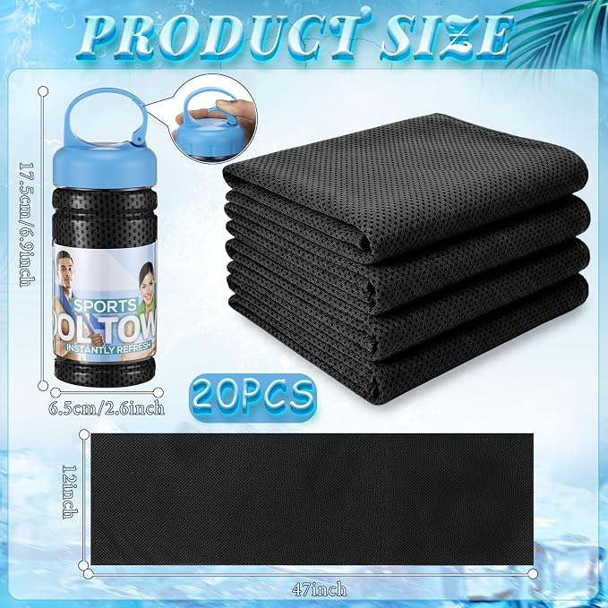 Honoson 20 Pcs Cooling Towels for Neck and Face, 47"x12" Sports Breathable Ice Towels Microfiber Chilly Sweat Rags with Portable Bottle for Gym Golf Athletes Yoga Workout Hot Weather (Black)