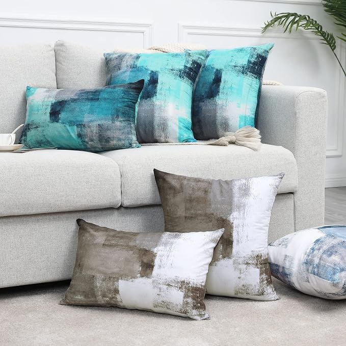 Set of 2 Blue and Grey Art Artwork Contemporary Decorative Gray Home Decorative Throw Pillows Covers Cushion Cover for Bedroom Sofa Living Room 18X18 Inches