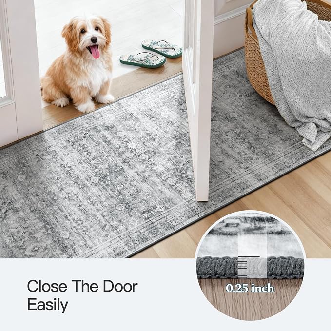 Lofus 2X6 Area Rugs for Hallways, Grey Washable Non-Slip Kitchen Runner Rug | Low Pile Runner Rugs, Soft Carpet for Kitchen Bathroom Bedroom Laundry, Stain Resistant, Low Pile, Vintage Distressed Rug