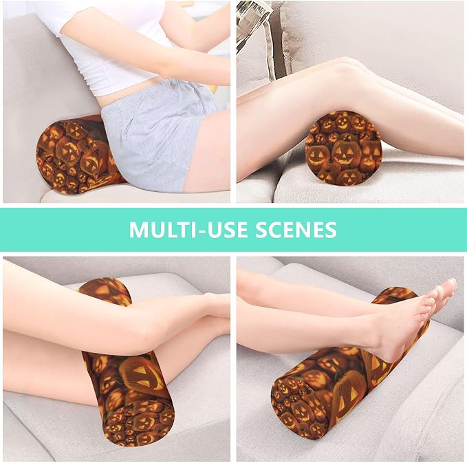 Orange Cute Halloween Pumpkin Lanterns Neck Roll Pillow Bolster Round Health Memory Foam Long Cervical Cylinder Pillows with Removable Washable Cover for Body Bed Legs Back Yoga