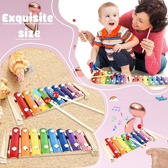 8 Sets Wood Xylophone for Kids Musical Toy Instrument with 16 Pcs Mallets Wooden Percussion Kit for Preschool Toddlers Educational Music Learning