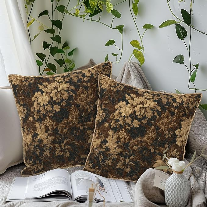 Vintage Dark Brown Flowers Velvet Pillow Covers 16x16 Inch Boho Retro Abstract Floral Throw Pillows for Couch Cushion Covers Pillowcase Bohemian Farmhouse Pillow Cases for Sofa Bed Bedroom