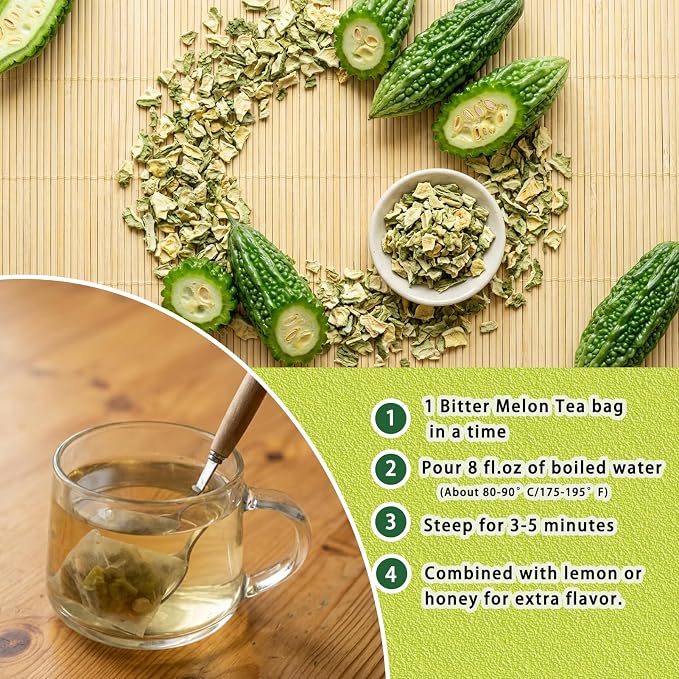 Samcci - Bitter Melon Tea Bags - 50 Count (2g Per Bag) - 100% Pure Natural Cut & Sifted Dried Momordica Charantia Slices - Non-GMO & Caffeine-Free - Plant-Based Corn Fiber Mesh Bags - Refreshing Herbal Tea