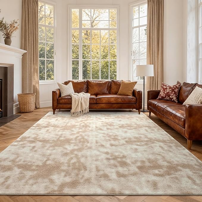 FinRèc 6x9 Washable Area Rugs for Bedroom Living Room, Low Pile Thin Ultra Soft Shag Rug, Non-Slip Carpet Indoor for Home Decor (Tie-dye Light Tan)