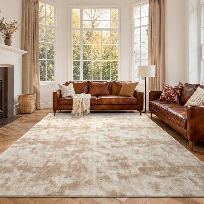 FinRèc 7x10 Washable Area Rugs for Bedroom Living Room, Low Pile Thin Ultra Soft Shag Rug, Non-Slip Carpet Indoor for Home Decor (Tie-dye Light Tan)