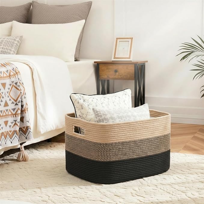 Artfeel Blanket Basket,Rectangle Woven Baskets for Storage,65L Laundry Basket for Decorative Nursery Blanket,Toys,Dirty Clothes and Magazine in Shelves,Baby Room,and Living Room