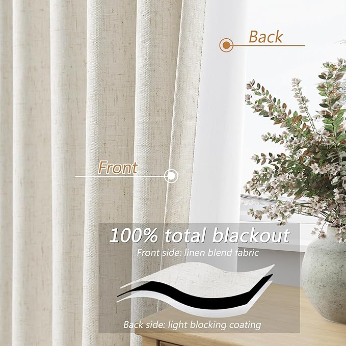 Guken 100% Blackout Linen Curtains for Bedroom 78 Inches Long Natural Cream Black Out Curtain Back Tab Thermal Insulated Room Darkening Window Drapes for Living Room 2 Panels Beige Ivory 52x78