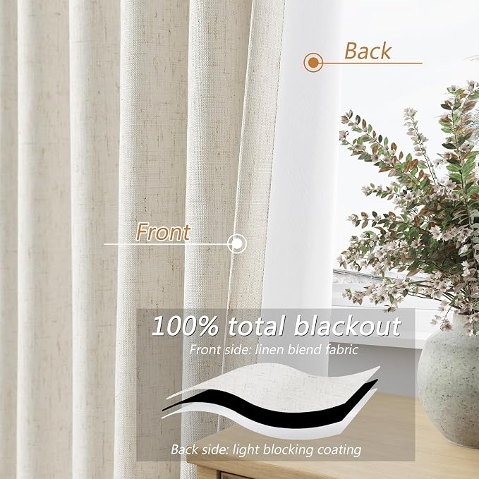 Extra Long 100% Blackout Linen Curtains for Bedroom 144 Inches Long Natural Cream Black Out Curtain Back Tab Thermal Insulated Room Darkening Window Drapes for Living Room 2 Panels Beige Ivory 52x144