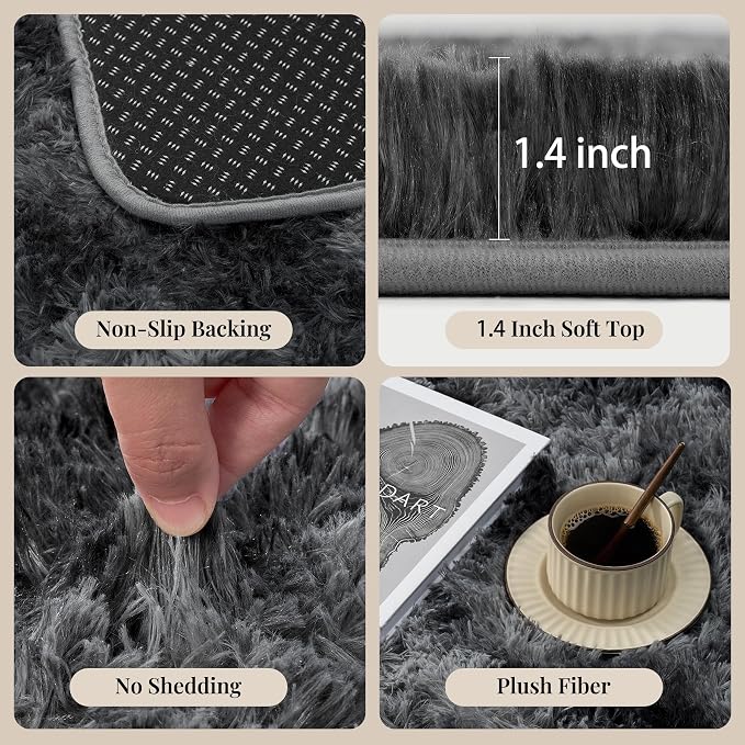 Area Rug for Living Room Bedroom:6x9 Black Grey Soft Fluffy Shag Upgrade Non-Slip High Pile Carpet Large Fuzzy Plush Indoor Floor Decor Shaggy Rug for Kid Boys Girls Playroom Nursery Modern Home