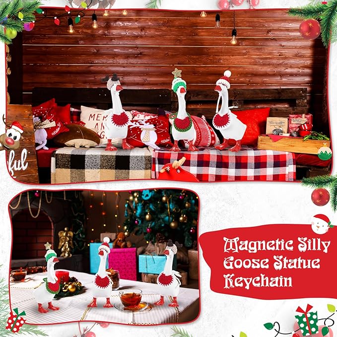 Geyoga 3 Pcs Mini Desk Goose Outfits 7 Inch Mini Knitting Hat and Bandana Knitting Desk Goose Headwear Bibs Accessory for Magnetic Statue Table Decor Gifts (Christmas Style)