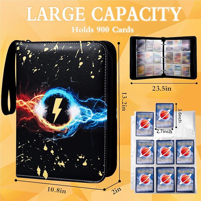 Jravkfi 9 Pocket Trading Card Binder,900 Pockets Trading Card Collection Book with Sleevese,3-ring Zipper Sports Card Album with 50 Removable Double-Sided Card Holder (Black)