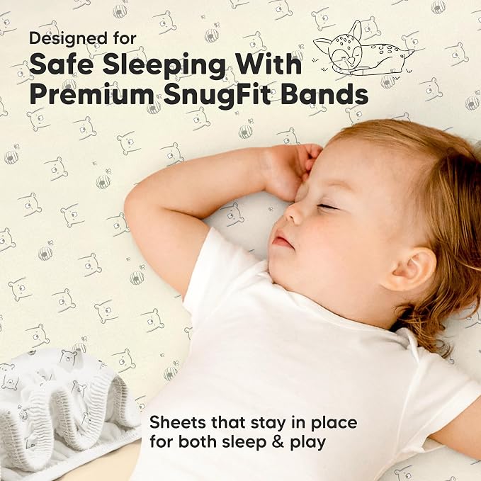 Pack and Play Sheets Fitted - 2-Pack Mini Crib Sheets for Pack N Play Mattress 38x26, Soft & Cozy, Neutral Toddler Playard Bedding, Snug Fitted Mini Baby Crib Mattress Cover Boy, Girl (Bumble Bear)